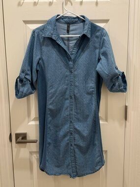Lapis Women's Blue Chambray Mini Shirt Dress 3/4 sleeve roll up  Size Large